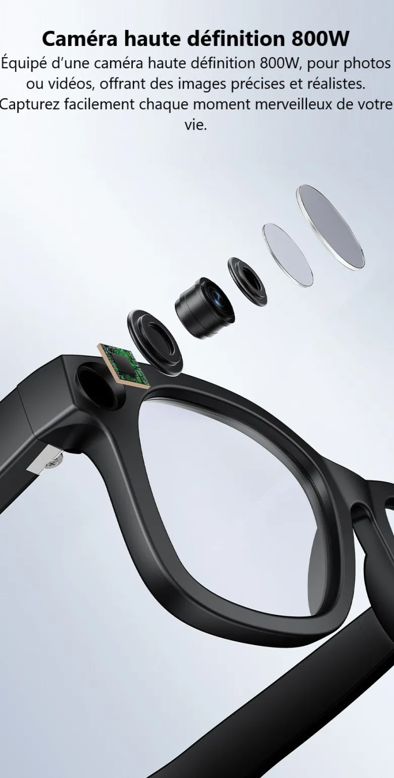 Lunettes connectées ai avec caméra 8mp & audio bluetooth