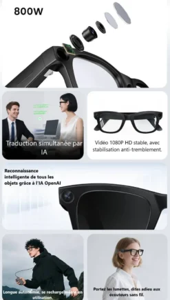 Lunettes connectées ai avec caméra 8mp & audio bluetooth