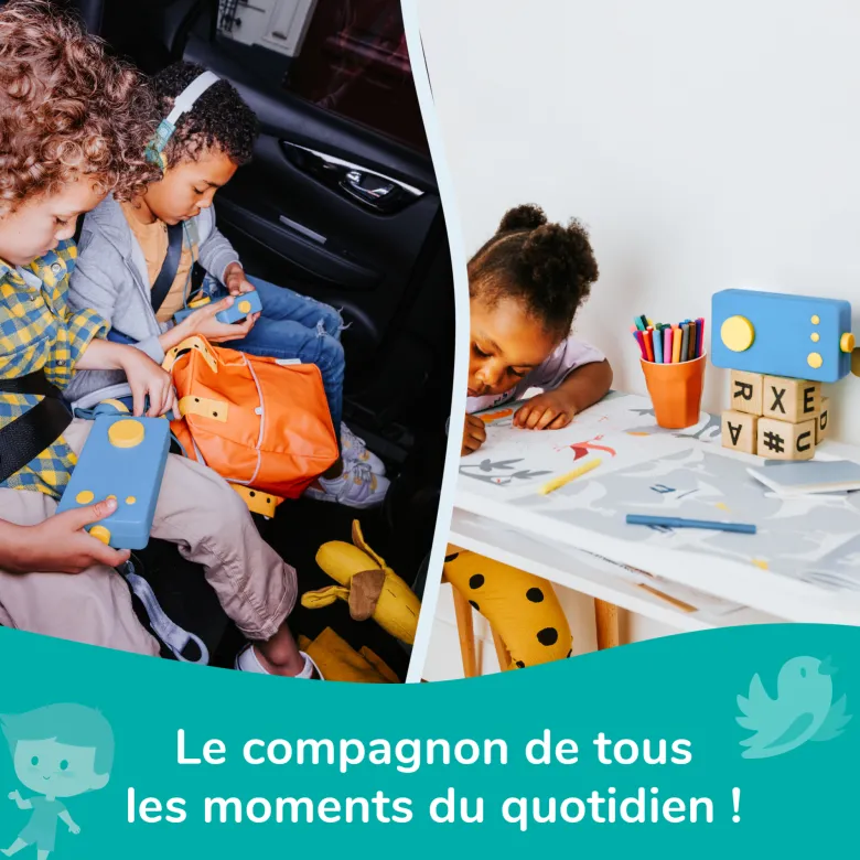 Lunii - ma fabrique à histoires bleue avec son casque assorti bleu et sa