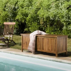 Maeva - coffre de jardin piscine en bois teck huilé 165x55cm