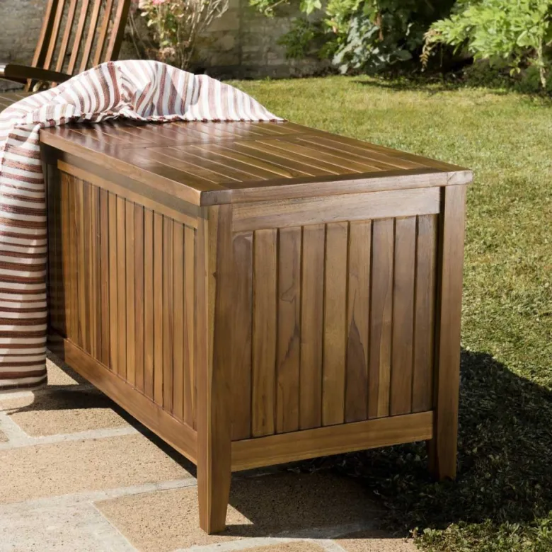 Maeva - coffre de jardin piscine en bois teck huilé 165x55cm