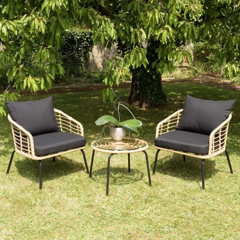 Malo - ensemble de 2 fauteuils rotin synthétique et table basse ronde