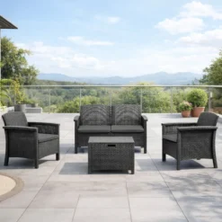 Maniza salon de jardin 4 places effet résine tressée gris anthracite avec table