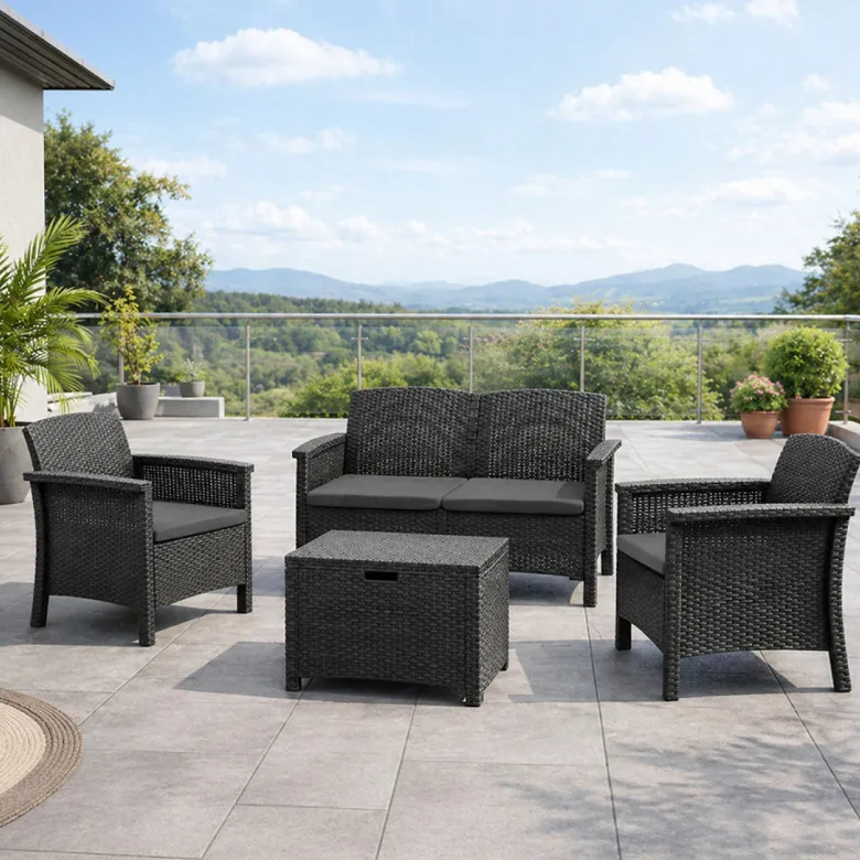 Maniza salon de jardin 4 places effet résine tressée gris anthracite avec table