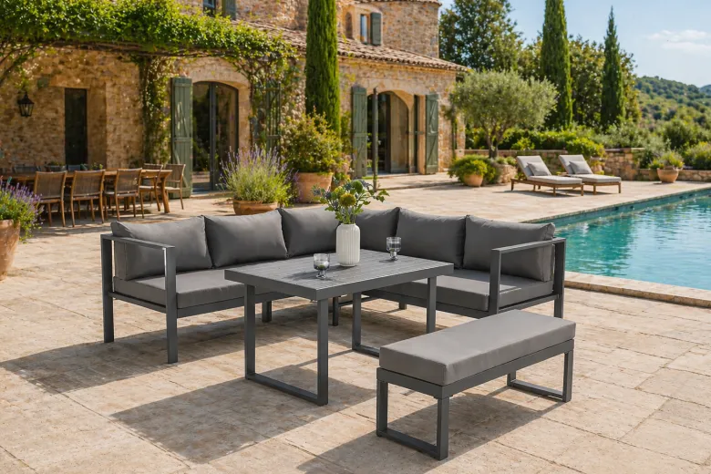 Marbella salon de jardin gris foncé 6 places canapé et banc