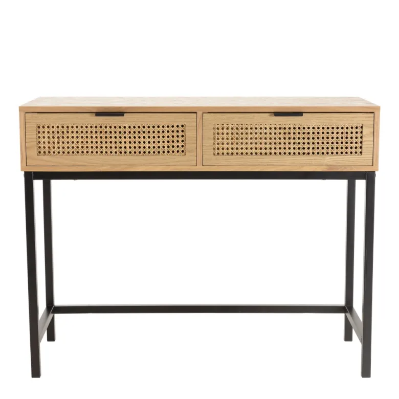 Marceau - console en bois 2 tiroirs cannage naturel pieds métal noir