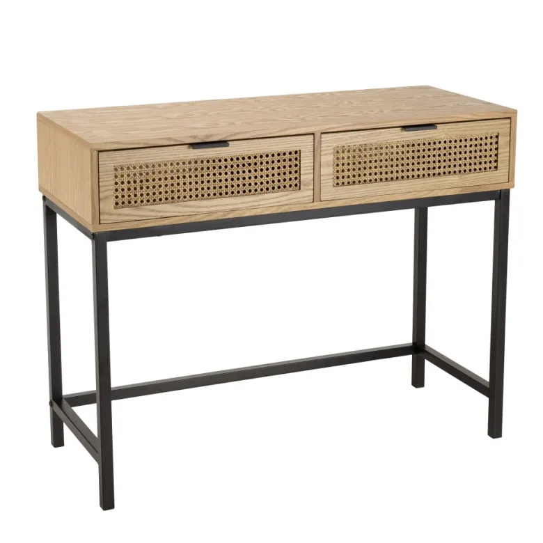 Marceau - console en bois 2 tiroirs cannage naturel pieds métal noir