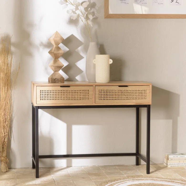 Marceau - console en bois 2 tiroirs cannage naturel pieds métal noir
