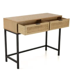 Marceau - console en bois 2 tiroirs cannage naturel pieds métal noir