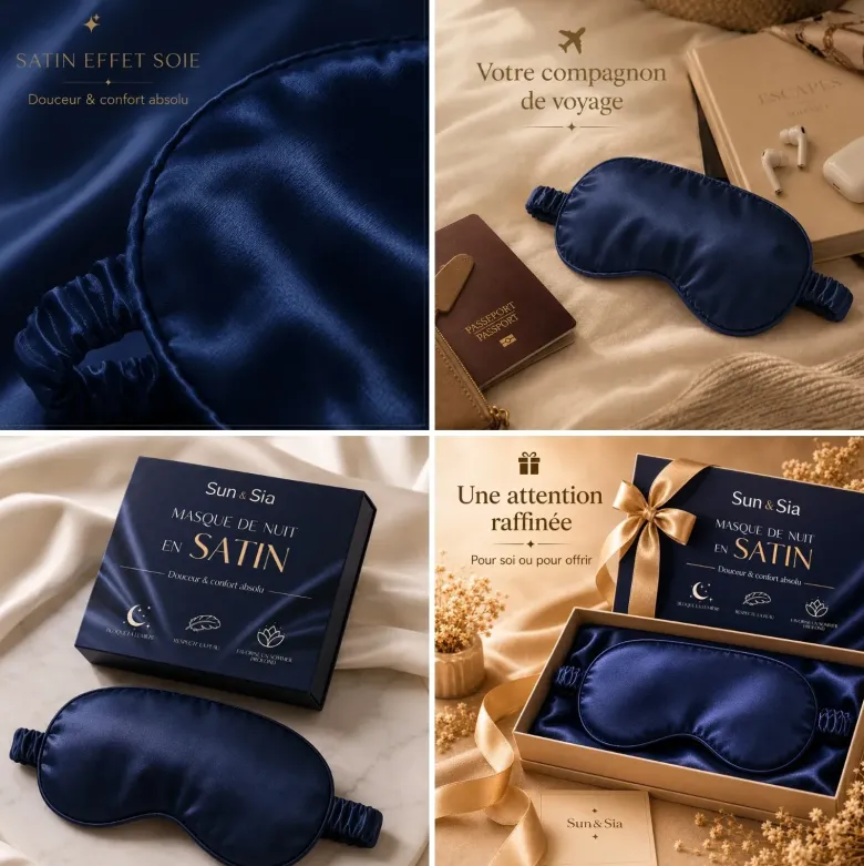 Masque de nuit satin effet soie occultant, doux pour la peau, bleu nuit