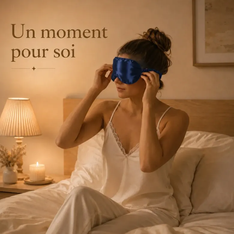 Masque de nuit satin effet soie occultant, doux pour la peau, bleu nuit