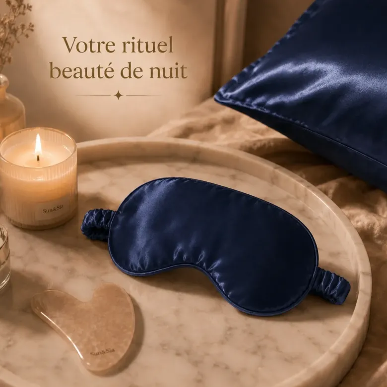 Masque de nuit satin effet soie occultant, doux pour la peau, bleu nuit