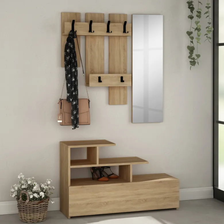 Mesty meuble d'entrée effet bois avec porte manteau rangement et miroir