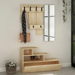 Mesty meuble d'entrée effet bois avec porte manteau rangement et miroir