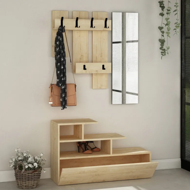 Mesty meuble d'entrée effet bois avec porte manteau rangement et miroir