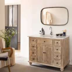 Meuble sous vasque en bois recyclé et marbre blanc octavie