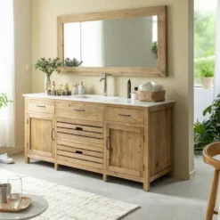 Meuble sous vasque pin et marbre blanc
