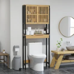 Meuble étagère dessus wc - 2 portes, 2 étagères - mdf noir bois bambou verni