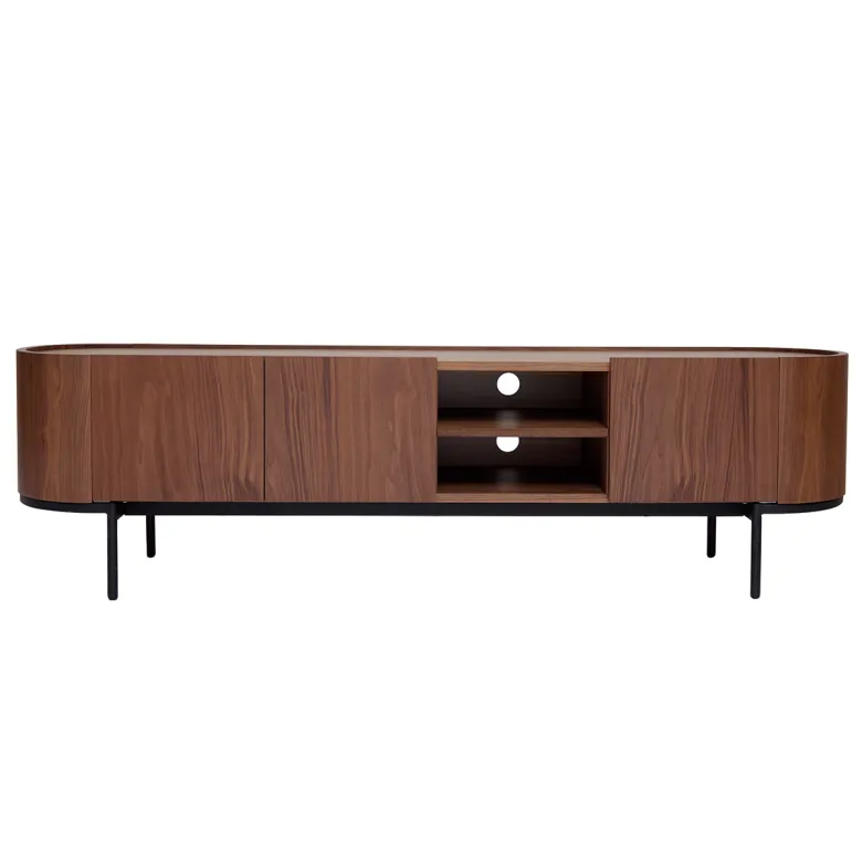 Meuble tv bois foncé noyer et métal noir avec rangements l180 cm skye