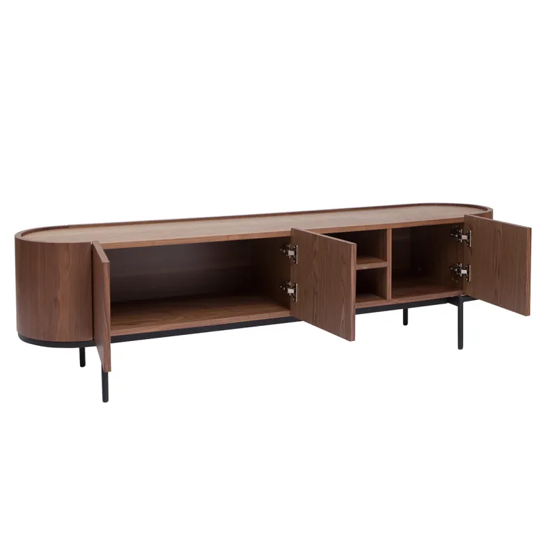 Meuble tv bois foncé noyer et métal noir avec rangements l180 cm skye