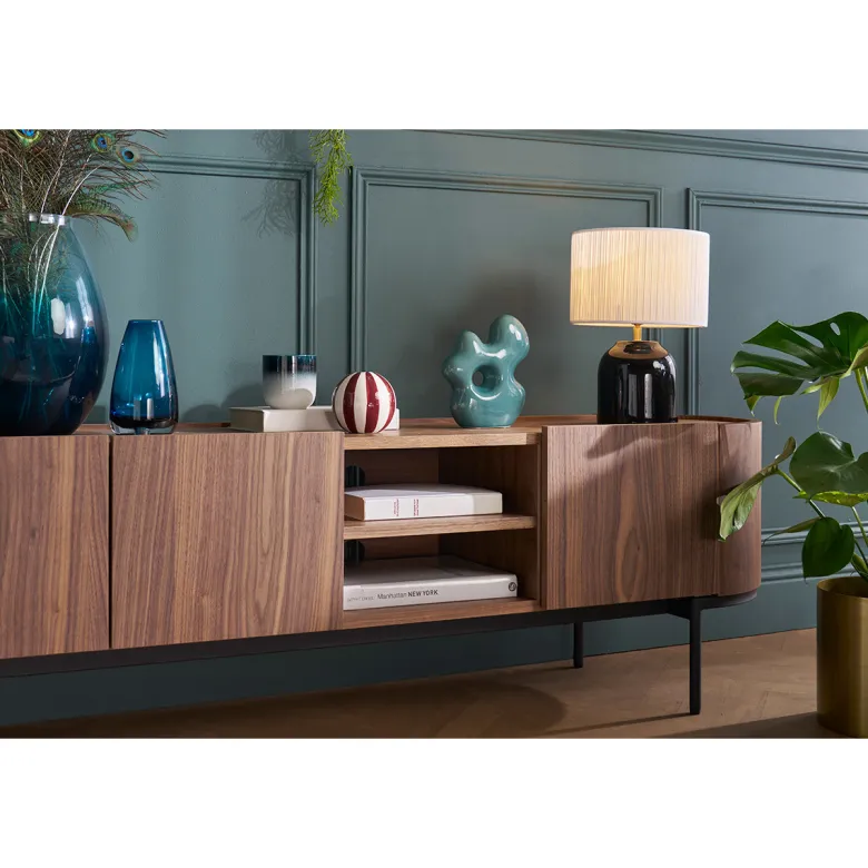 Meuble tv bois foncé noyer et métal noir avec rangements l180 cm skye