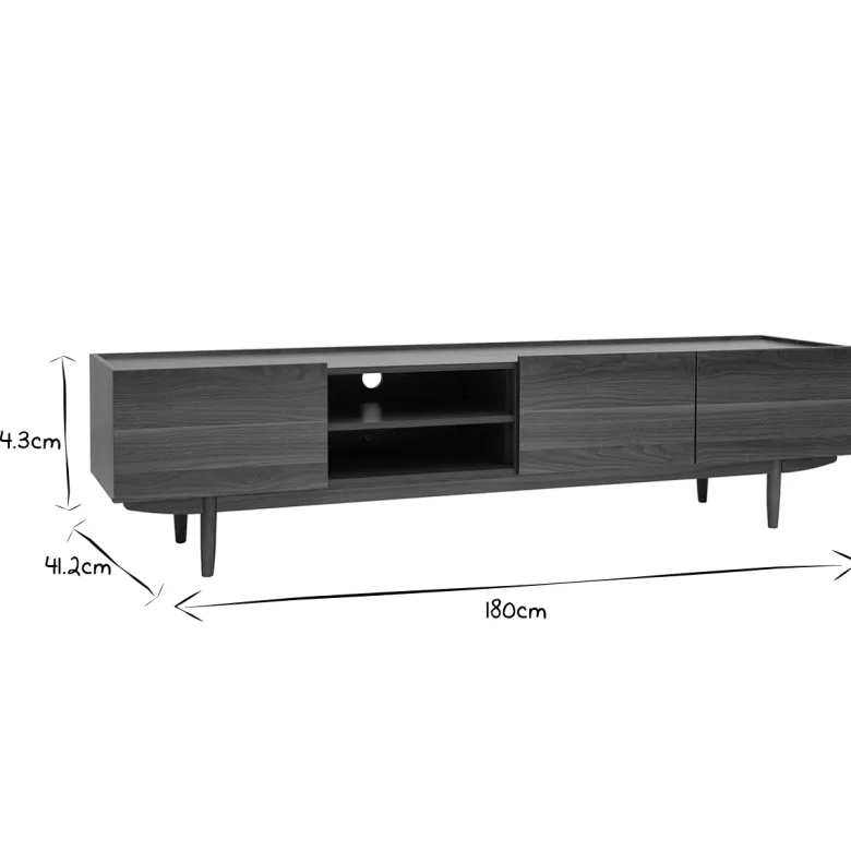 Meuble tv finition bois foncé noyer 3 portes l180 cm sanaa