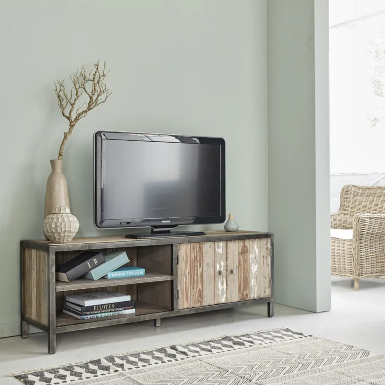 Meuble tv pin recyclé et métal 2 portes