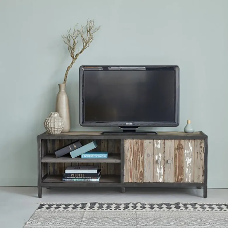 Meuble tv pin recyclé et métal 2 portes