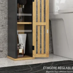 Meuble wc avec support papier toilette - porte, étagère - mdf noir bambou verni