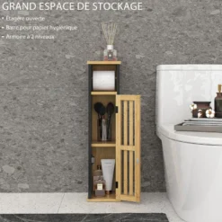 Meuble wc avec support papier toilette - porte, étagère - mdf noir bambou verni
