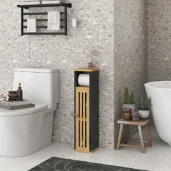 Meuble wc avec support papier toilette - porte, étagère - mdf noir bambou verni