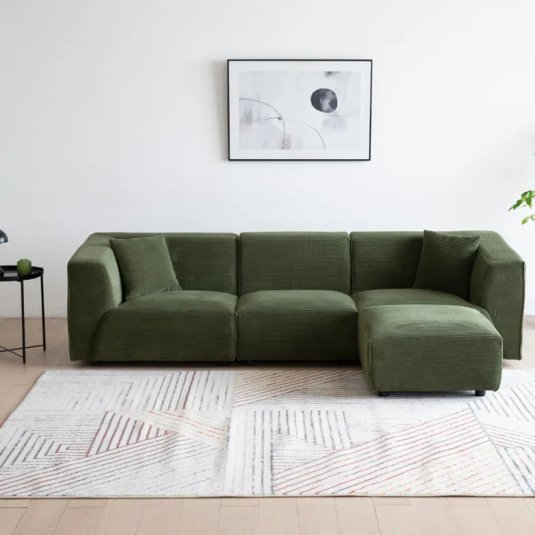 Monroe canapé 3 places + 1 pouf en velours côtelé vert