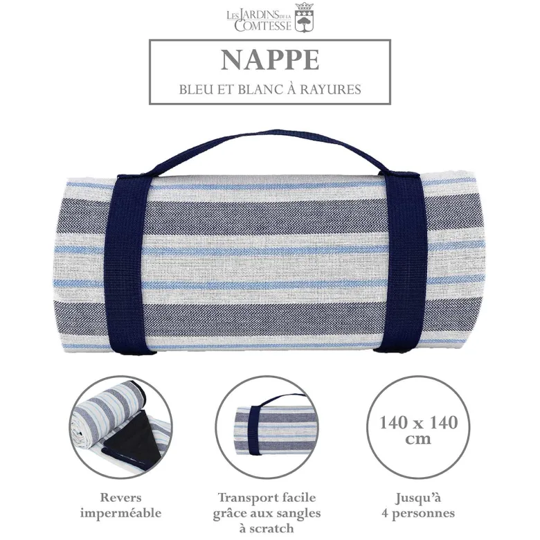 Nappe picnic rayures bleu blanc 140x140