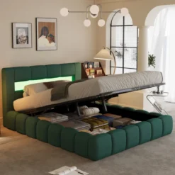 Omaha lit coffre led style nuage 180x200cm en velours vert avec tête de lit et s