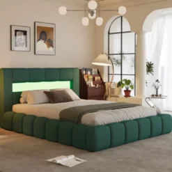 Omaha lit coffre led style nuage 180x200cm en velours vert avec tête de lit et s