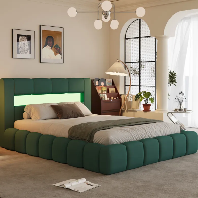 Omaha lit coffre led style nuage 180x200cm en velours vert avec tête de lit et s
