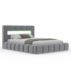 Omaha lit coffre led style nuage 180x200cm en velours gris avec tête de lit et s