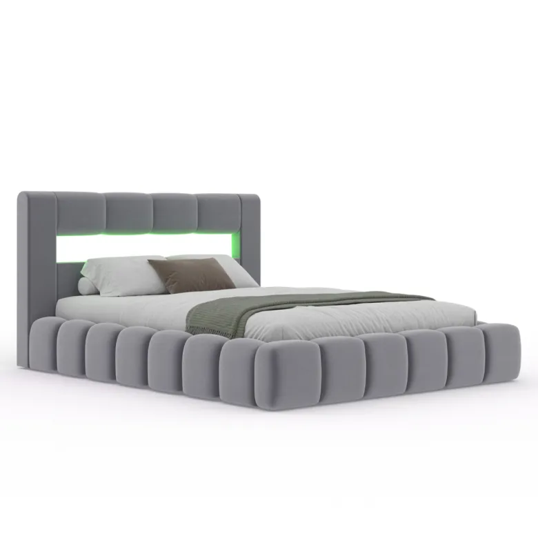 Omaha lit coffre led style nuage 180x200cm en velours gris avec tête de lit et s