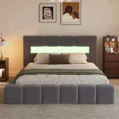Omaha lit coffre led style nuage 180x200cm en velours gris avec tête de lit et s