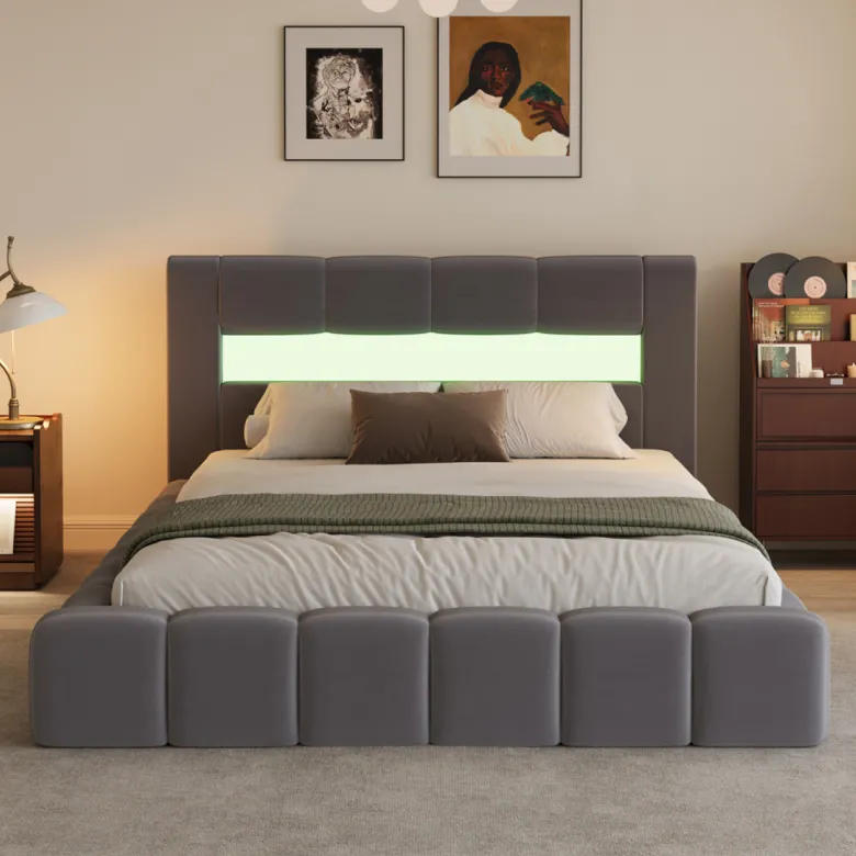 Omaha lit coffre led style nuage 180x200cm en velours gris avec tête de lit et s
