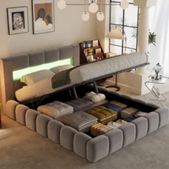 Omaha lit coffre led style nuage 180x200cm en velours gris avec tête de lit et s