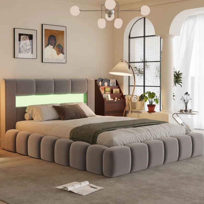 Omaha lit coffre style nuage led 160x200cm velours gris avec tête de lit et somm