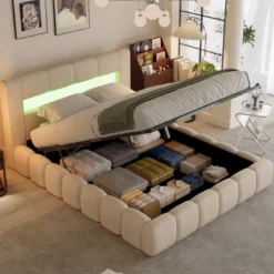 Omaha lit coffre style nuage led 160x200cm velours beige