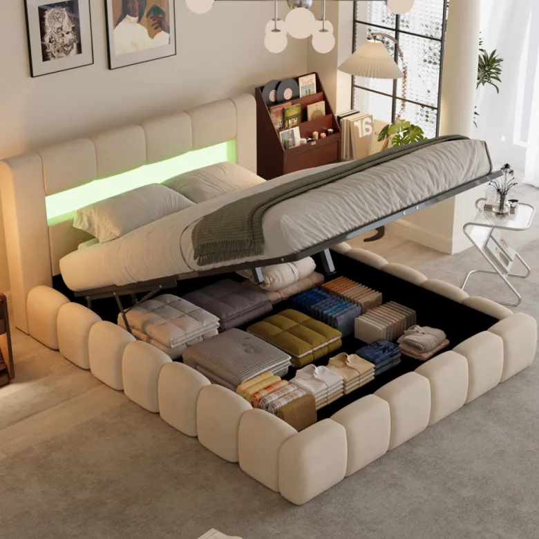 Omaha lit coffre style nuage led 160x200cm velours beige
