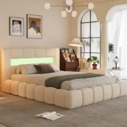 Omaha lit coffre style nuage led 160x200cm velours beige
