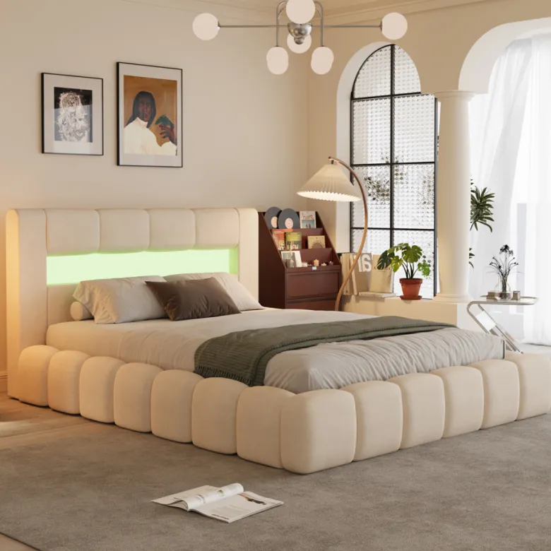 Omaha lit coffre style nuage led 160x200cm velours beige