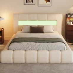 Omaha lit coffre style nuage led 160x200cm velours beige