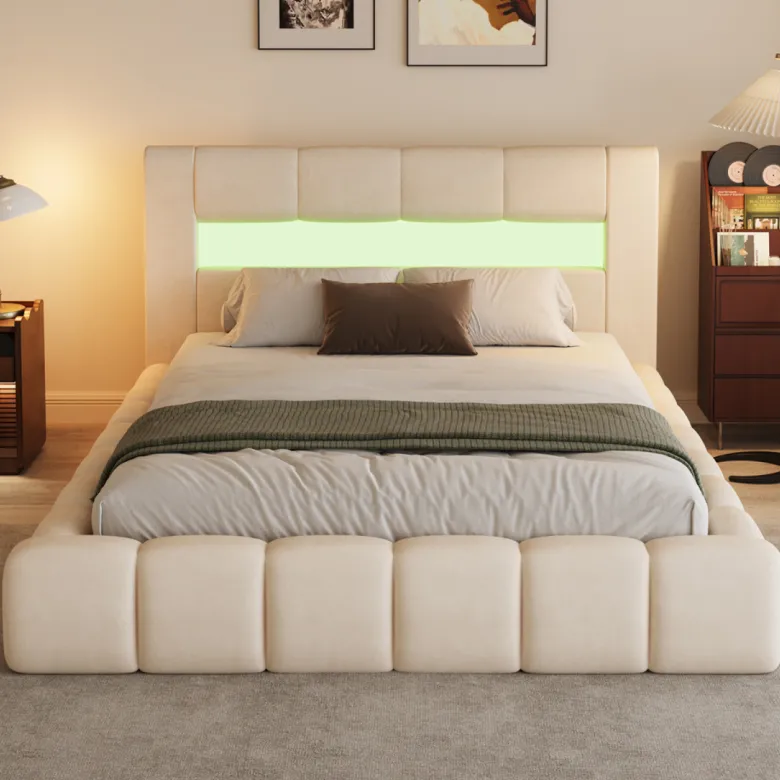 Omaha lit coffre style nuage led 160x200cm velours beige