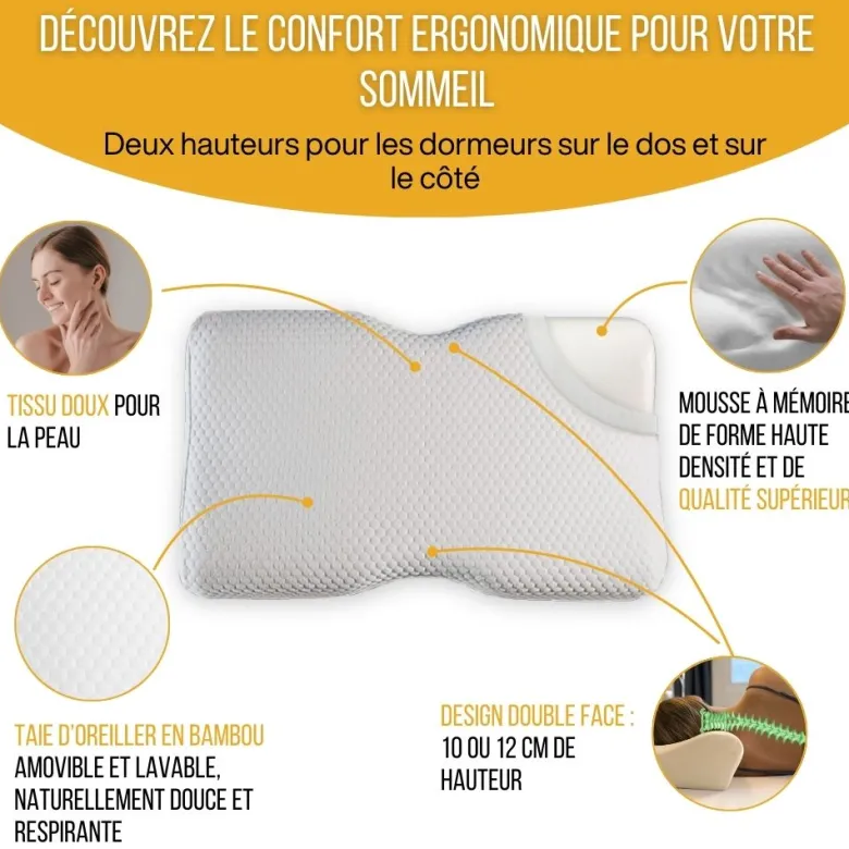 Oreiller ergonomique duo ajustable mémoire de forme, taie bambou incluse