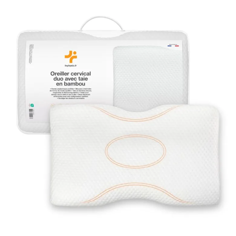 Oreiller ergonomique duo ajustable mémoire de forme, taie bambou incluse